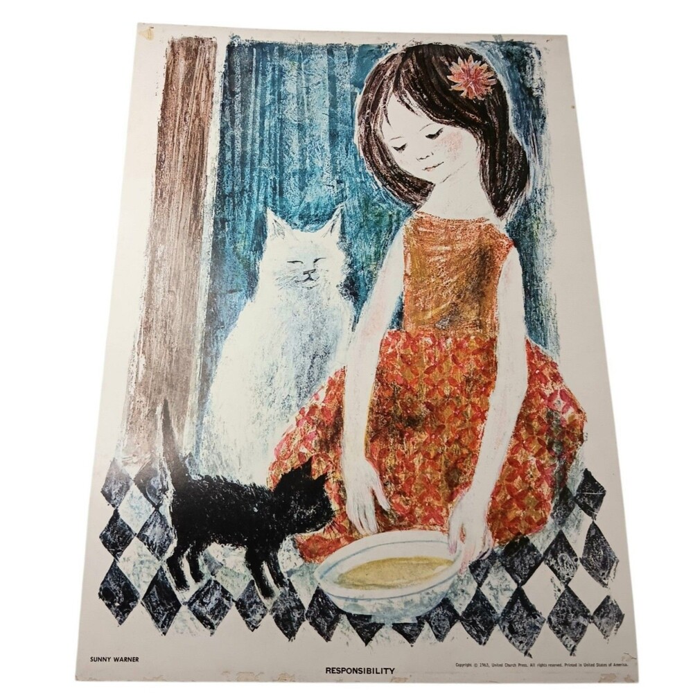 Girl Feeding Cats Poster By Sunny Warner United Church Press 17x12 Vintage 1963